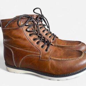 Crown Vintage men's moc-toe leather boots in a rich cognac brown